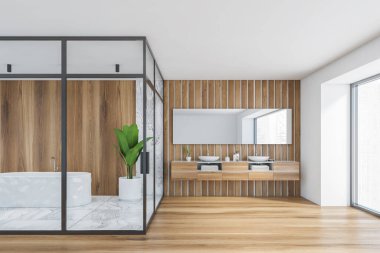 Beyaz marbel ve ahşap banyo modern iç döşemesi ahşap zemin, beyaz seramik küvet, saksıda bir ağaç, panoramik pencere. 3d oluşturma