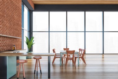 Tuğla duvarlı modern mutfak, lavabosu ve ocağı olan ahşap tezgahlar. Model yap. Yemek salonu olan bir çatı katı. 3d oluşturma