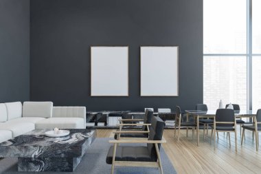 Modern ofis bekleme salonu gri koltuklar ve beyaz kanepe mermer bir sehpa, ahşap parke. Panoramik şehir manzaralı pencereler. Otel dinlenme alanı. Duvarda iki tuval posteri var. 3D oluşturma maketi.