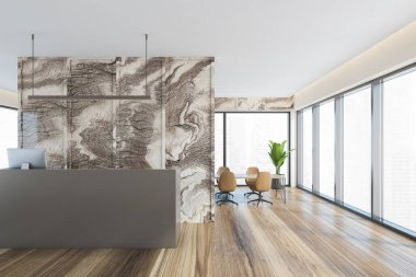 Boş ofis, bilgisayar ve Marbel duvarlı resepsiyon masası. Panoramik pencere, toplantı odası arkada. Şehir manzaralı. 3d oluşturma.