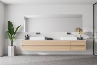 Beton beyaz duvarlı şık bir banyo, beton zemin, yatay aynalı rahat bir çift lavabo. 3d oluşturma