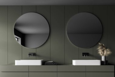 Beyaz lavaboları ve yuvarlak aynaları olan koyu gri bir banyo. Modern, musluk ve havlukların minimalist tasarımı. 3D görüntüleme, insan yok.