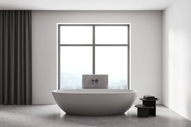 Açık mermer banyo ve pencerenin yanında beyaz küvet. Havluları olan modern banyonun minimalist tasarımı, 3D görüntüleme, insan yok.