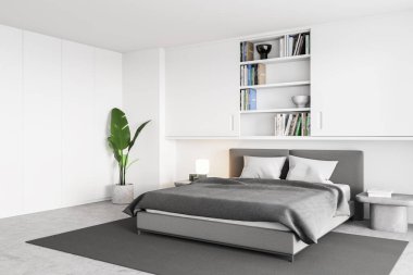 Beyaz ve gri yatak odası, yatak odası, halı ve kitap rafı, yan görüş. Köşede bitki, açık gri, modern, minimalist yatak odası, 3 boyutlu, insan yok.