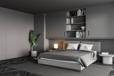 Koyu gri yatak odası, yatak odası, halı ve kitap rafı, yan görüş. Köşede bitki, açık gri, minimalist yatak odası parke döşemeli, 3D, kimseyi göstermiyor.