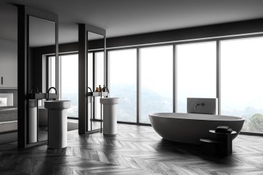 Koyu gri yatak odası, iki beyaz lavabo ve pencerenin yanındaki parke zeminde küvet. Banyo mobilyalarının yan görünüşü ve arka plandaki yatak, 3 boyutlu, kimseyi göstermiyor