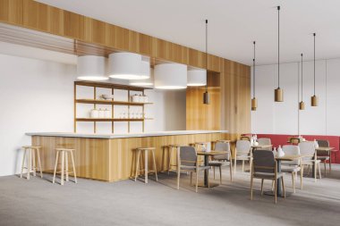 Bar tezgahı, sandalyeler, masa, ahşap ve beyaz restoran tasarımı olan açık bir uzay kafesi. Ahşap sandalyeler, lambalı masa, yan görüş, 3 boyutlu görüntüler, kimseyi yansıtmıyor.