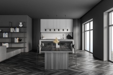 Siyah parke zemininde mutfağı olan koyu gri mutfak odası. Sandalyeli, kitaplıklı ve pencereli yemek masası, 3 boyutlu, kimseyi oluşturmayan