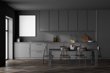 Koyu gri duvarları, ahşap parke zemini ve gri tezgahı olan modern mutfak. Yanında sandalyeler olan uzun bir masa. Duvara bir poster asacağım. 3d oluşturma
