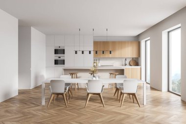 Beyaz duvarları, ahşap parke zemini ve beyaz tezgahları olan modern mutfak. Yanında sandalyeler olan uzun bir masa. 3d oluşturma