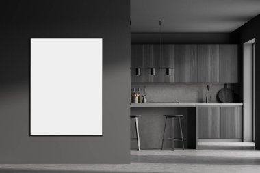 Gri duvarda beyaz posteri, lavabosu ve ocağı olan ahşap tezgahı olan modern mutfak. 3d hazırlama taklit alanı.