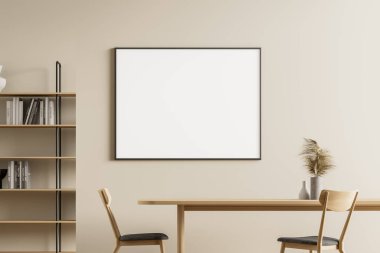 Yemek odasının içinde ahşap bir zemin, sandalyeli bir masa ve üzerinde çerçeveli bir yatay poster var. 3D oluşturma maketi