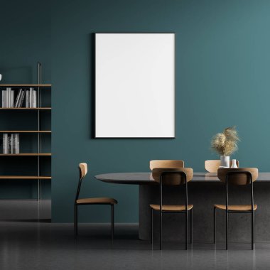 Yemek odası, sandalyeli bir masa ve üzerinde de çerçeveli dikey bir poster. 3D oluşturma maketi