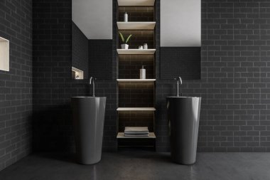 Siyah tuğlalı banyo, iki ayrı lavabo, havlu ve jel dolu raflar. Modern banyonun minimalist tasarımı, 3D görüntüleme, insan yok.
