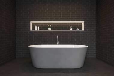 Tuğla duvara karşı gri küvetli siyah tuğla banyo, rafta jel ve bitkiler. Karanlık modern minimalist banyo siyah zeminde, 3 boyutlu, kimseyi göstermiyor.