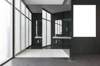 Siyah tuğlalı banyoda, cam kapılar ardında duş alan, yerde beyaz ahşap halı olan bir çerçeve. Pencerenin yanındaki koyu minimalist banyo, 3 boyutlu, insan yok.