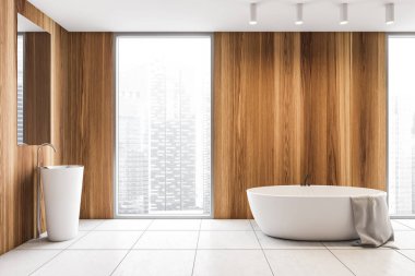 Ahşap ve beyaz minimalist banyo, lavabo ve pencerenin yanında beyaz küvet. Kiremitlerle döşenmiş modern minimalist banyo, 3 boyutlu, kimseyi göstermiyor.