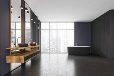 Siyah küvetli bir banyo manzarası, ahşap bir dolap ve koyu gri bir duvar. Pencereden şehir manzarası. 3D görüntüleme, düzenle