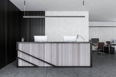 Gri ve ahşap resepsiyon odası, iki bilgisayarlı, açık uzay ofisi odası. Ofis masalı resepsiyon girişi, mermer kat 3D, kimseyi göstermiyor.