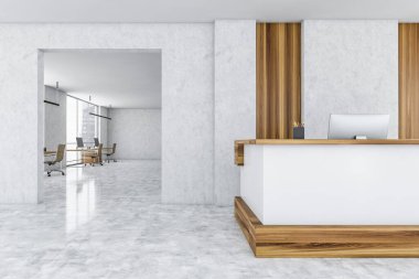 Açık alan minimalist iş ofisinde beyaz ve ahşap kabul odası mermer zeminde bilgisayarı olan ofis masası. Mobilyalı minimalist ışıklandırma odası, 3 boyutlu, kimseyi göstermiyor.