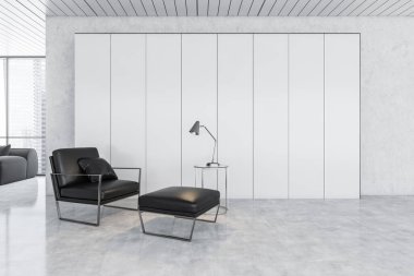 İş yerindeki müşteriler için siyah koltuklu beyaz ve siyah bekleme odası. Mermer zeminde siyah deri sandalyesi olan açık renk ofis odası, 3 boyutlu, kimseyi göstermiyor.