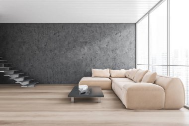 İş yerindeki müşteriler için bej kanepeli beyaz ve siyah bekleme odası. Parke zemininde bej renkli kanepesi olan açık ofis odası, 3 boyutlu, kimseyi göstermiyor.