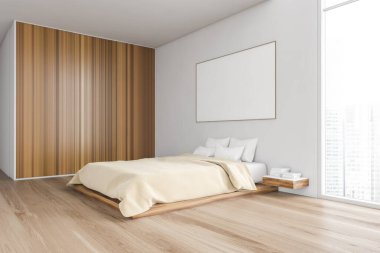 Bej ve ahşap yatak odasındaki bez çerçeve, beyaz yastıklı ve çarşaflı yatak, yan görüş. Ahşap gardırop ve beyaz duvar, şehir manzaralı pencere, 3D 'de insan yok.