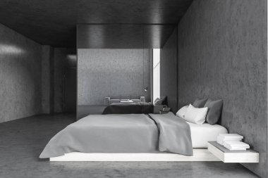 Gri yatak odası, beyaz yastıklı yatak ve gri çarşaflar. Ayna dolabı, gri duvar, mermer zemin, yan görüş. 3 Boyutlu İşlem Yok