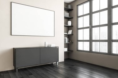 Tuvalin üstündeki bez çerçeve, beyaz duvar ve siyah parke zemin, yan görüş. Pencerenin köşesinde vazo ve kitaplar olan bir kitaplık. 3D 'de hiç insan yok.