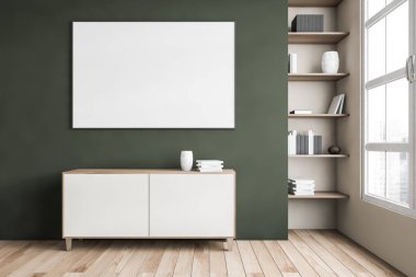 Tuvalin üstündeki bez çerçeve, yeşil duvar ve parke zemin. Pencerenin köşesinde vazo ve kitaplar olan bir kitaplık. 3D 'de hiç insan yok.