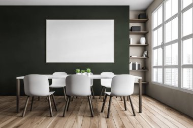 Yeşil ve ahşap oturma odasında, parke zemin üzerinde sandalye ve masa olan çerçeve, şehir manzaralı pencere. Köşedeki kitaplık, 3 boyutlu, kimseyi göstermiyor.