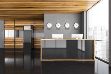 Boş ofis, gri resepsiyon ve duvar, üzerinde dört saat. Panoramik pencere, toplantı odası arkada. Resepsiyon kavramı. 3B görüntüleme