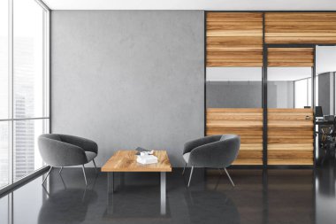 Ofis bekleme salonu. Bir sehpanın yanında iki koltuk boş bir duvar ve arkasında cam ve ahşap duvarlar olan bir oda var. Şehir manzaralı. 3D görüntüleme, düzenle