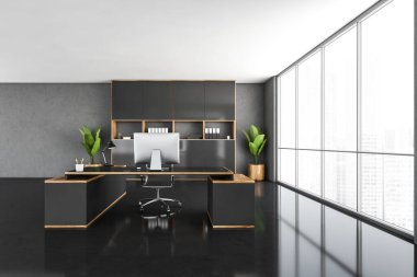 CEO 'nun içi ahşap bir masa ve üzerinde duran bir bilgisayar ile dolu. Siyah zemin. 3D görüntüleme. Panoramik şehir penceresi