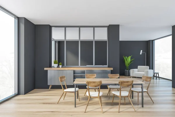 Grau Und Holz Wohnzimmer Mit Holzstühlen Und Tisch Sessel Und — Stockfoto