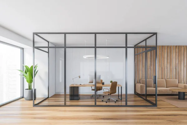 Wooden office consulting room behind glass doors near window on parquet floor. Closed room with armchairs and table with computer, 3D rendering no people