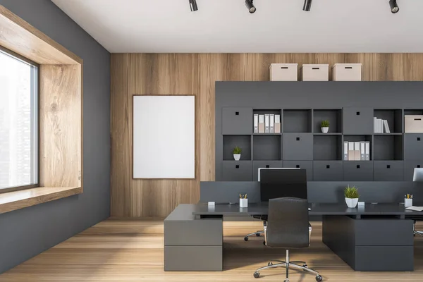 Mockup canvas frame in black and wooden office room with armchairs and computer on black table near window. Minimalist manager room with parquet floor, 3D rendering no people