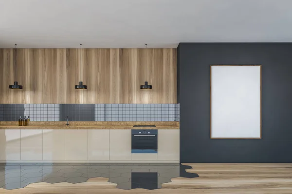 现代厨房的内部 白色的海报在灰色的墙壁上 木制台面与一个内置的水池和一个炊具 3D渲染模拟复制空间 — 图库照片