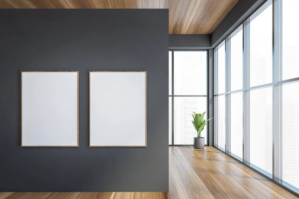 Moderner Büro Eingangsbereich Mit Grauem Wand Holzparkett Fenster Mit Blick — Stockfoto