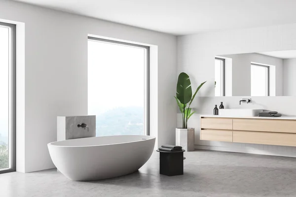 Interior Stylish Bathroom Wooden Walls Concrete Floor Comfortable Bathtub Double — Stock Photo, Image