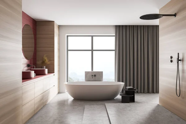Banheiro Leve Madeira Com Banheira Branca Chão Mármore Chuveiro Duas — Fotografia de Stock