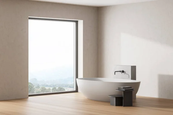 木制浴室内部有一个白色浴缸 大的全景窗户 3D渲染 — 图库照片