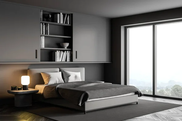 深色的灰色卧室 地毯和书架上的亚麻布 侧视图 灰色现代简约卧房 带花篮地板 3D渲染没有人 — 图库照片