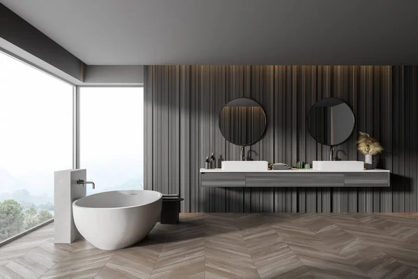 Corner Modern Panoramic Bathroom Gray Walls Wooden Floor Double Sink — Stock Photo, Image