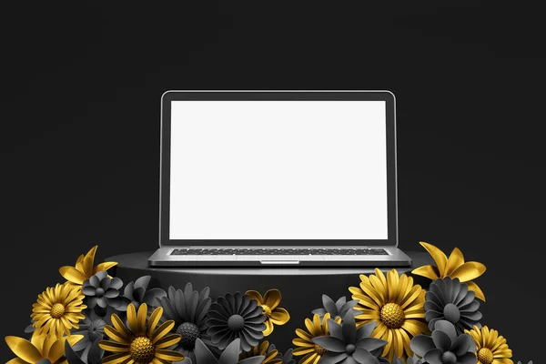 Mockup Αντίγραφο Χώρο Στο Φορητό Υπολογιστή Ένα Περίπτερο Λουλούδια Μαύρο — Φωτογραφία Αρχείου