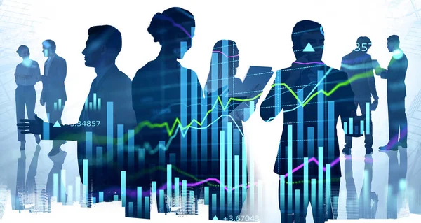 Silhouettes Business People Working Researching Analytics Predict Financial Charts Market — Stock Photo, Image