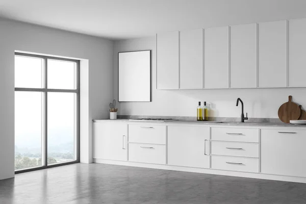 Modern Kitchen Interior White Walls Concrete Floor Countertops Big Window — Stock Photo, Image