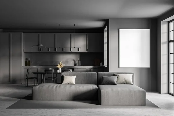 用灰色沙发 桌子和椅子装饰灰色厨房的帆布框架 家具在深灰色简约的房间 3D渲染没有人 — 图库照片