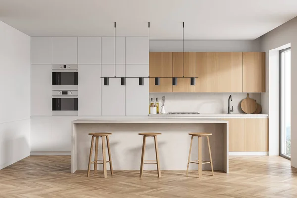 Interior Cozinha Moderna Com Paredes Brancas Piso Parquet Madeira Bancadas — Fotografia de Stock