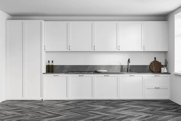Witte Minimalistische Keukenset Met Inbouwapparatuur Planken Vooraanzicht Lichte Luxe Keuken — Stockfoto